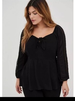 Torrid Black Crochet Sleeve Sweetheart Neck Rayon Peplum Smocked Blouse 2X
