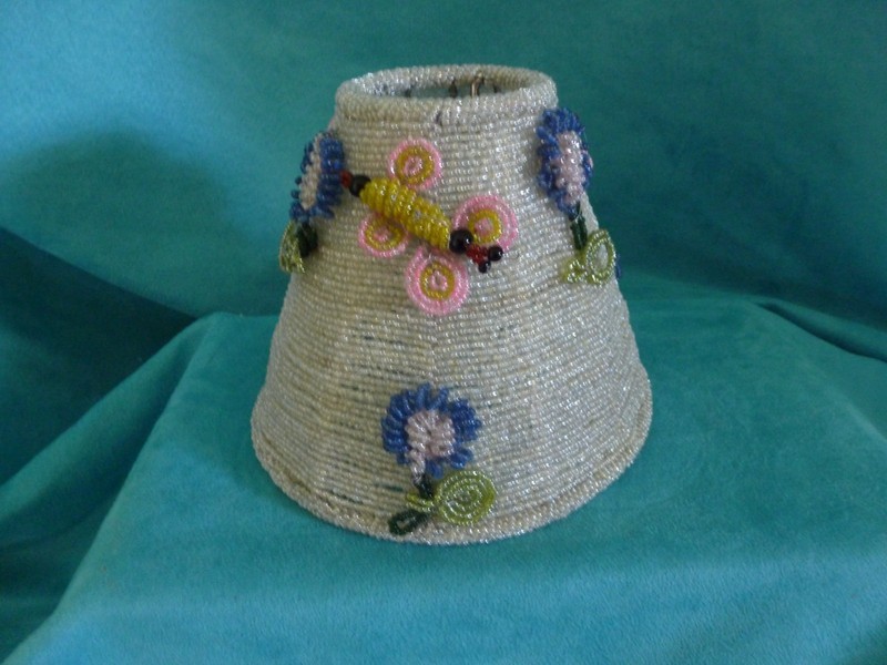 Vintage Seed Beaded 3D Floral Lamp Shade handmade wire metal Ornate