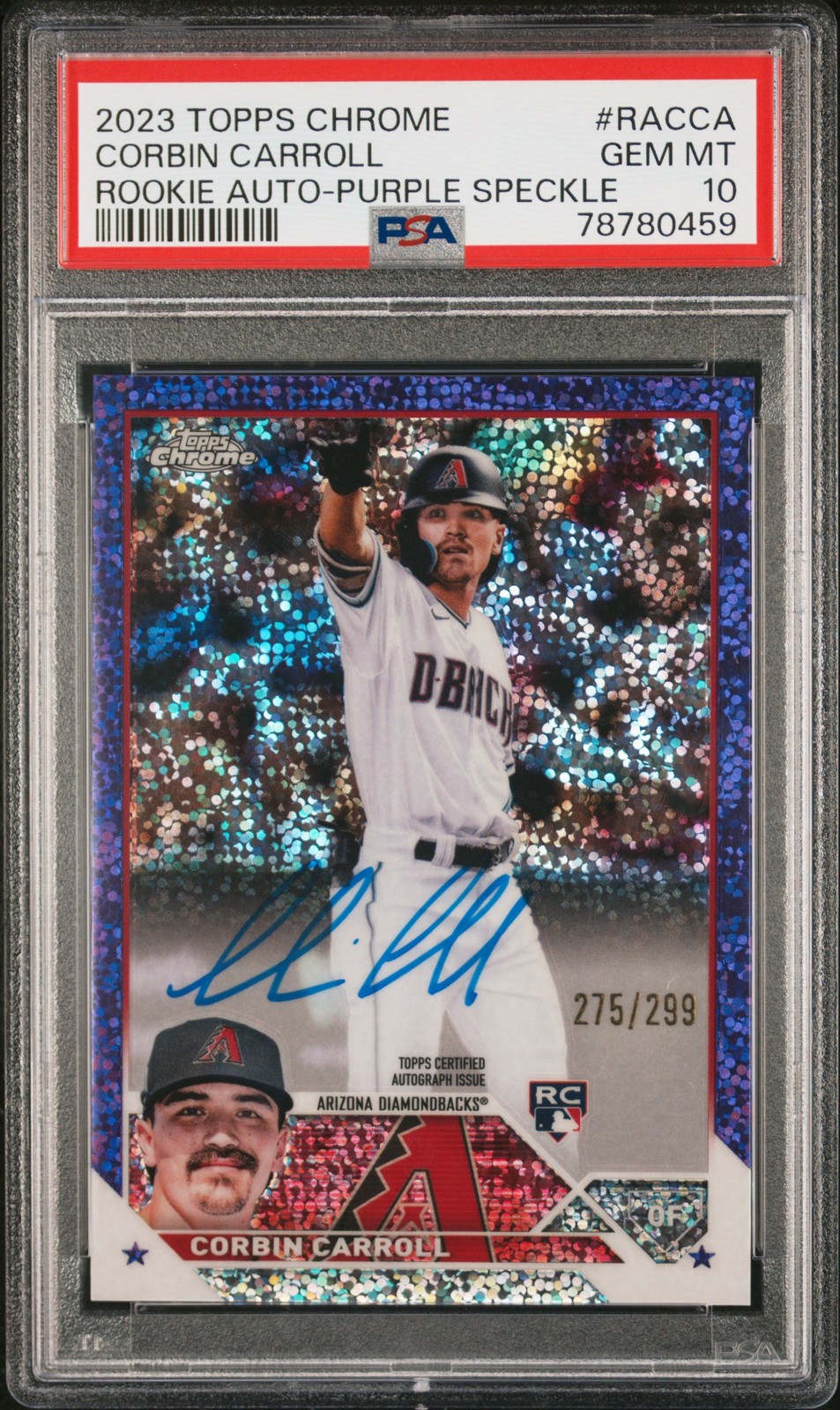 2023 TOPPS CHROME RC AUTO PURPLE SPECKLE REFRACTOR CORBIN CARROLL 275/299 PSA 10