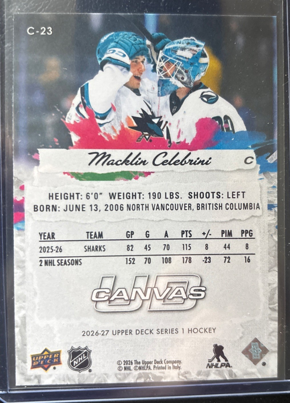 Upper One Macklin Celebrini 2026-27 Upper Deck Series One 🎨 Canvas 🎨 Sharks #C-23 ...