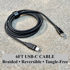 USB-C Fast Charging Cable 6ft Braided Tangle Free Cord, Type C Charging Cable