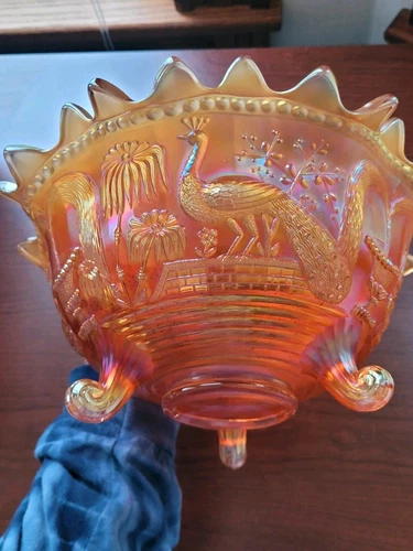 Pretty Marigold Northwood Carnival Glass Peacock at The Fountain Fruit Bowl