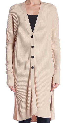 John & Jenn Long Ribbed Cardigan Large 10 12 Nude $175 Deep Split Sides