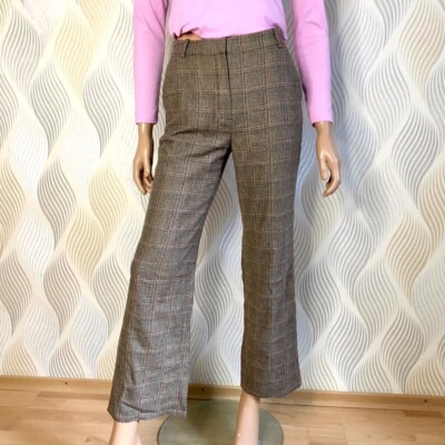 Massimo Dutti Women Plaid Wool Blend High Rise Straight Trousers Brown UK  10 UK