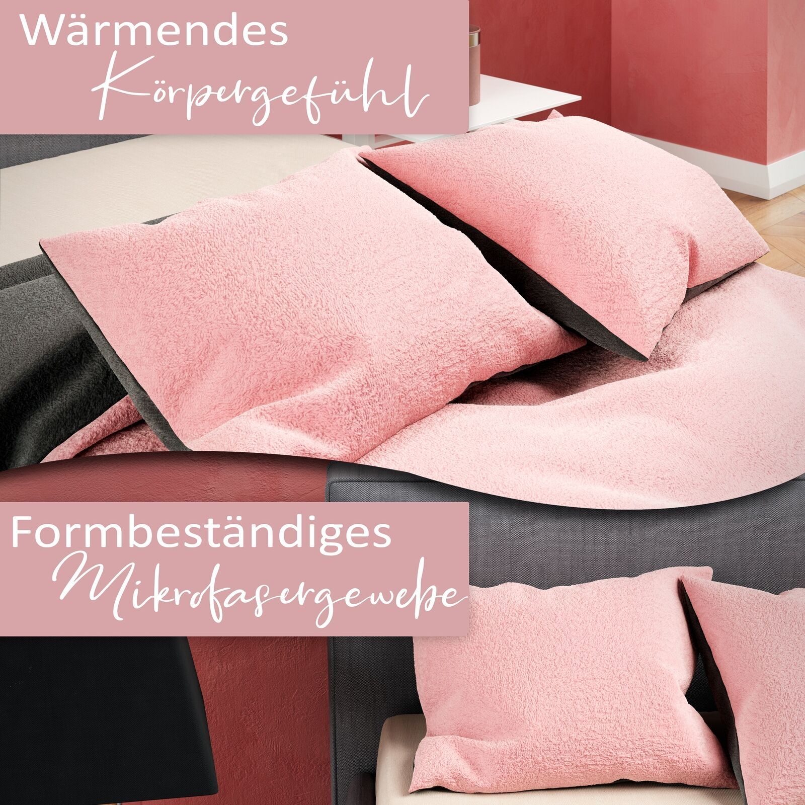 Winter Bettwäsche Teddy Plüsch Uni Nicky Fleece Cashmere Touch Rosa Grau Türkis