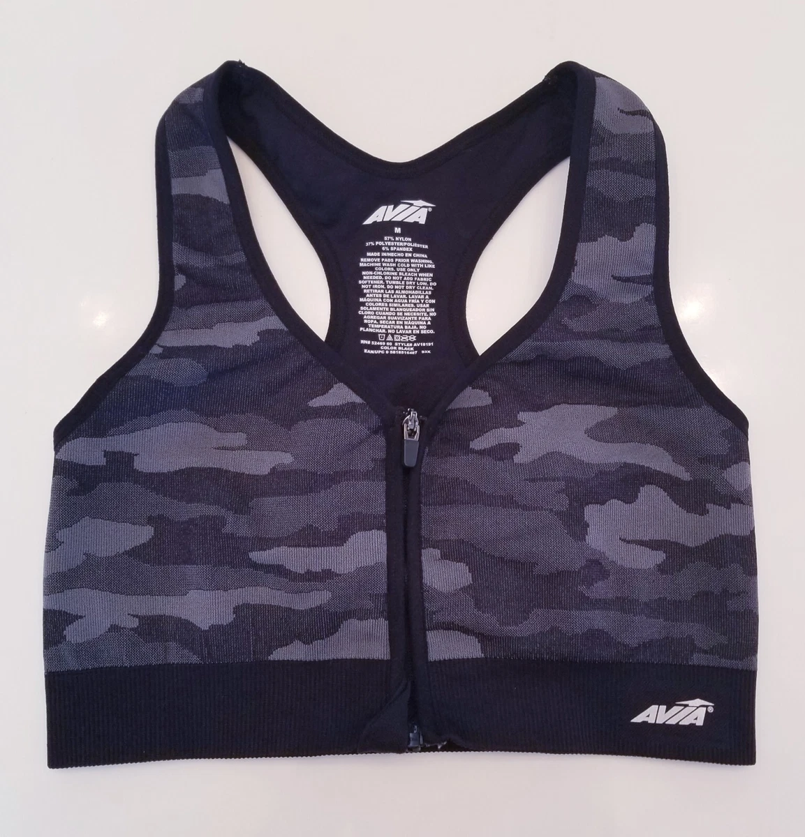 Avia Sports Bra Size Medium Front Zip Racerback Black Gray Camo Print  Stretch