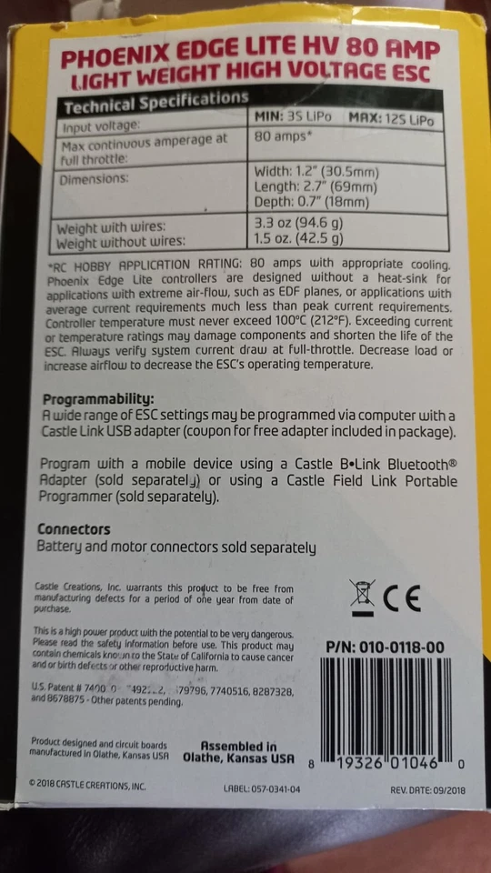 Castle Creations Phoenix Edge Lite HV 80 AMP ESC, 12S / 50.4V, NO BEC - Image 3 of 3