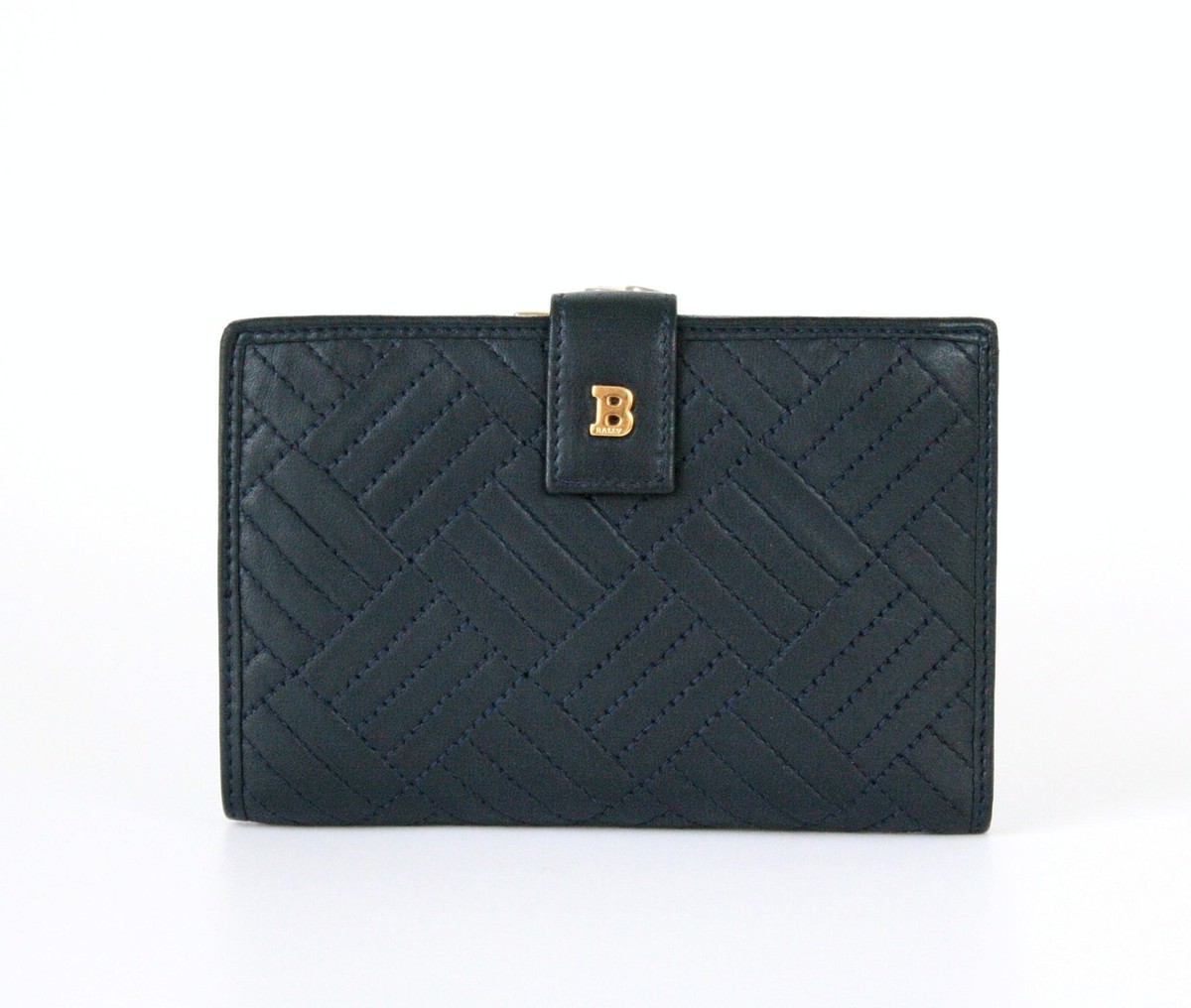 Authentic Bally Quilted Dark Navy Leather Kisslock Bifold Wallet