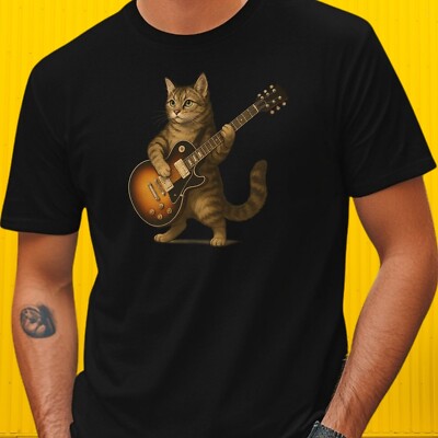 Mens Cat Electric Guitar Print Cotton T-Shirt Size S to 5XL