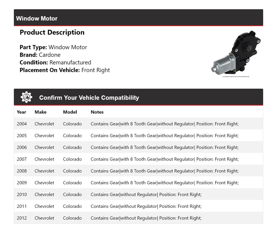 Motor de ventana delantero derecho Cardone 2005 2006 2007 Chevrolet Colorado 2004-2012 Foto 2 de 4