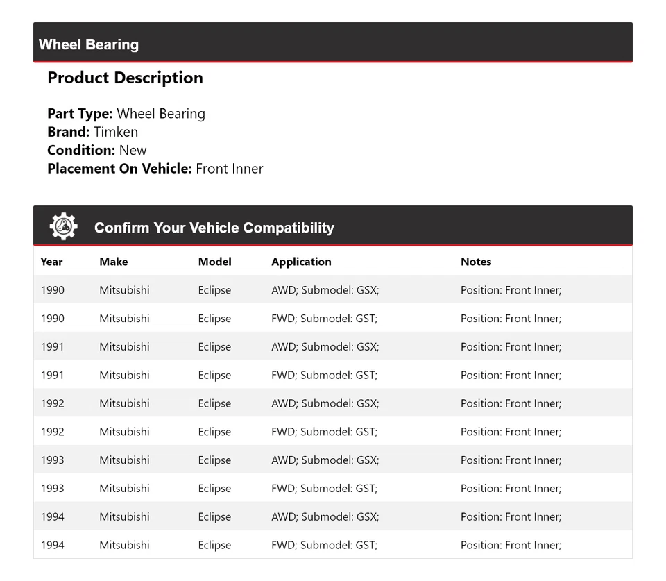 Cojinete de rueda interior delantero Timken 1991 1992 1993 para Mitsubishi Eclipse 1990-1994 Foto 2 de 4