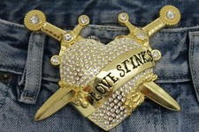 Love Stinks Heart Swords Shaped Belt Buckle Blinged Out Gold Metal Women Tattoo