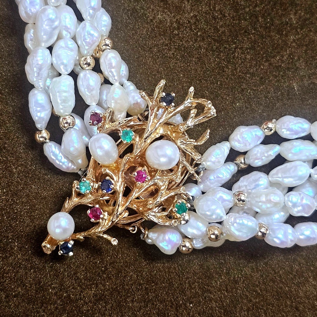 vtg Multi Strand Pearl Emerald Ruby Sapphire 14k … - image 1