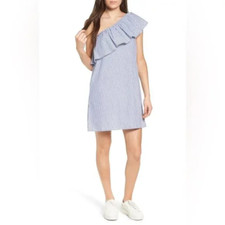 NWT Alice + Olivia Cotton Blue/White Asymmetric Ruffle Striped Dress Sz M