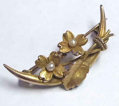 Vintage 10k Gold & Pearl Crescent Moon Dogwood Floral & Leaf Lapel Pin Brooch