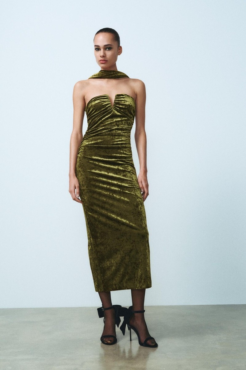 zara gold velvet dress Zara Gathered Midi Dress | Gold main image 1
