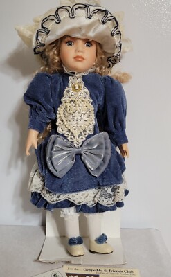 Geppeddo Porcelain Doll in White Blue Dress Original Box