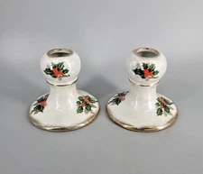 Ucagco Japan 3.5” Candle Stick Holders Holly Design Christmas Holiday Set of 2