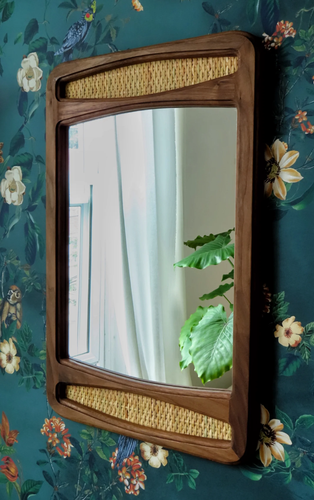Walnut Mirror With Caning Accents - Mid Century Style - Picture 2 of 7
