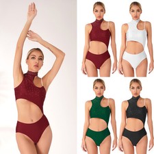 Women Glittery Cutout Dance Leotard Figure Skating Mock Neck Sleeveless Bodysuit