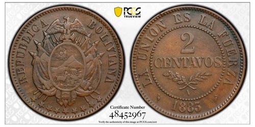 Bolivia 1883 2 Centavos COPPER COIN PCGS XF45 - 第 1/2 張圖片
