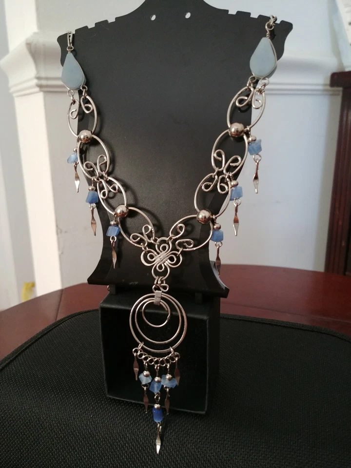 Genuino Larimar Piedra Curativa Natural Cuelga Acero Collar Gargantilla Gemas Colgante Foto 4 de 4