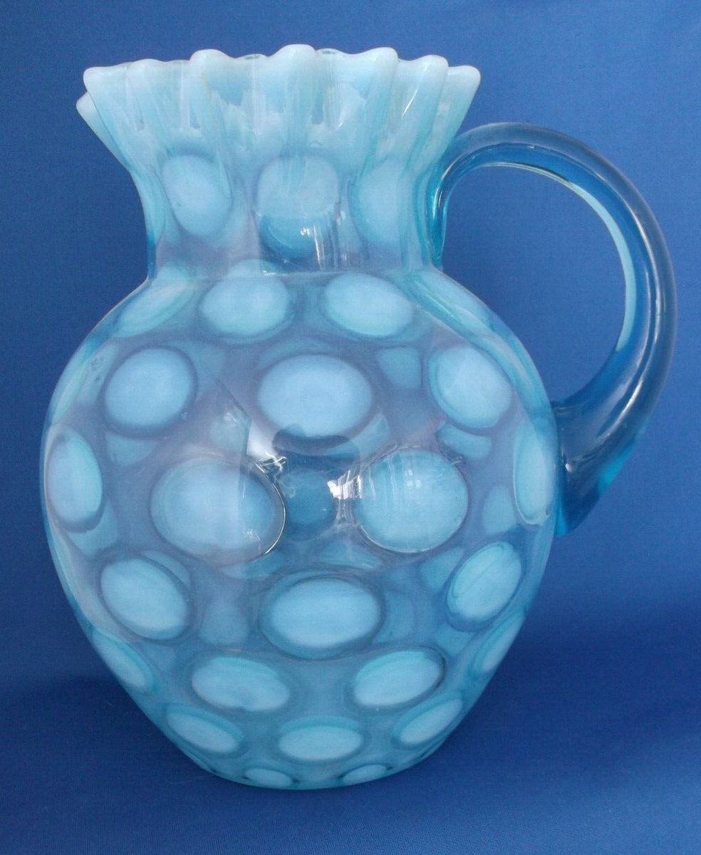 フェントン　ピッチャー Large Vintage Fenton - Blue Opalescent Glass Coin Spot Water