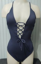 Cupshe Women's One-Piece Swimsuit Bathing Suit, V-Neck, Lace Up, Navy, Small