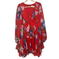 ASOS Design 16 Curve Red Floral Dress Chiffon Long Sleeve
