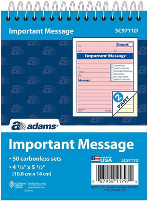 Adams While You Were Out Pad, 4 X 5.5 Inch, Spiral Bound, 2-Part, Carbonless, Pi