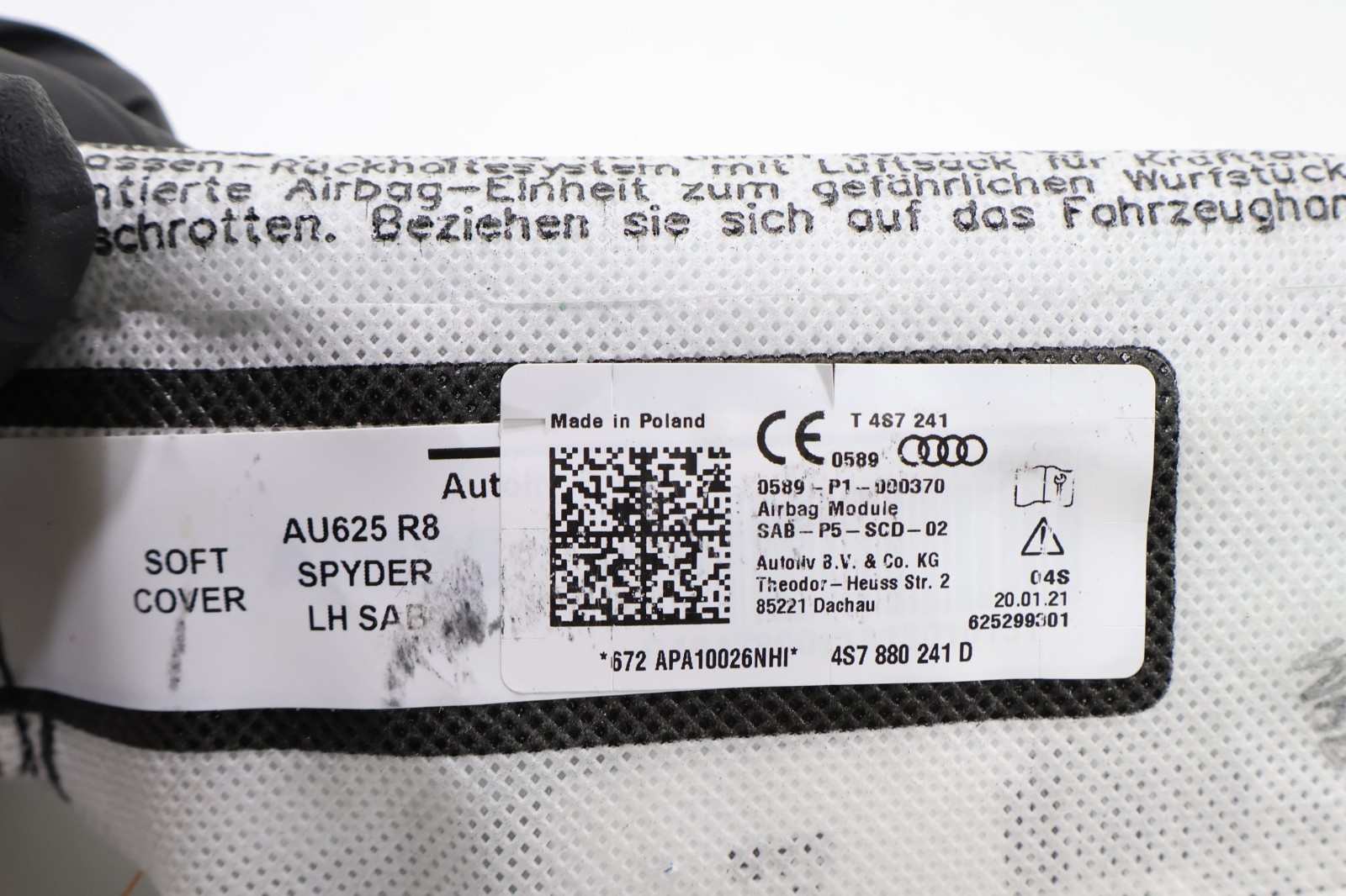 Audi R8 2021 LEFT Airbag P/N 14781