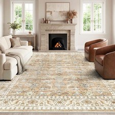 Beige Brown Vintage Rug Living Room 200x300cm Washable Short Pile Boho Te...