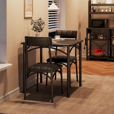 3Pcs 74cm Dining Table 2 Chairs Set Kitchen Apartment Studio Upholstered Black