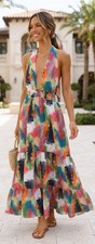 Shein Multicolor Deep Plunge Halter Tie Maxi Dress, XL