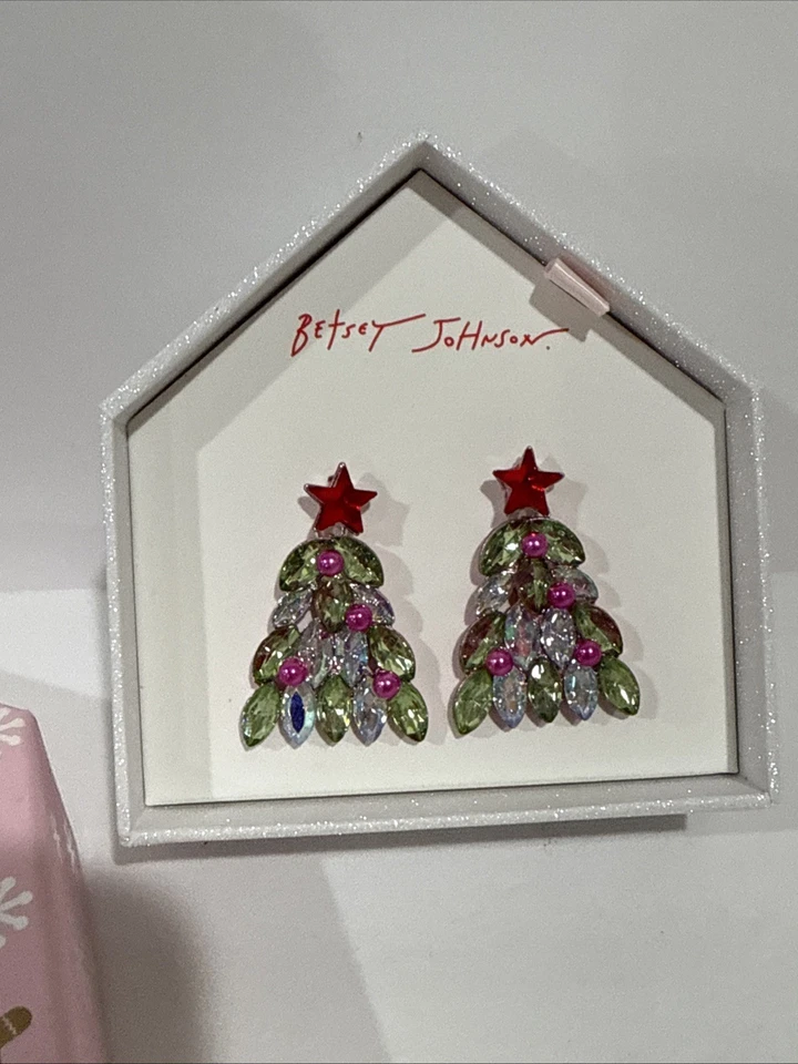 Betsey Johnson Holiday Whimsy Tono Oro Rosa Árbol de Navidad Pendientes Caja de Perlas Foto 2 de 4