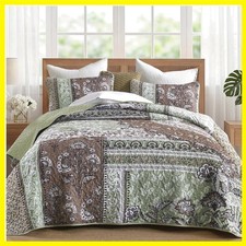 Patchwork King Quilt Bedding Set, Boho Bedspread, Brown Green Lightweight M...