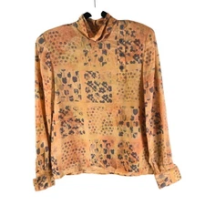 Carlisle Womens Vintage Silk Blouse High Neck Button Detail Floral Orange 10