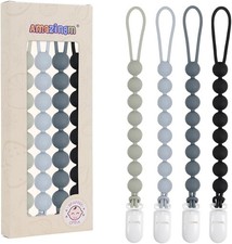 4 Pcs Gray Baby Silicone Teething Pacifier Clip,One-piece Design,Round