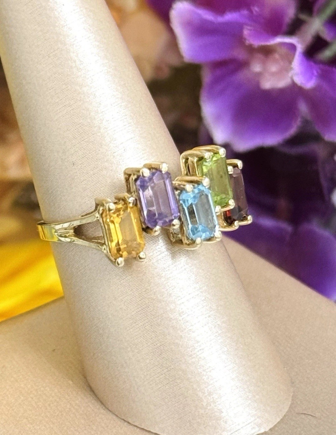 10k Solid Yellow Gold Multi Natural Gemstone Cock… - image 3