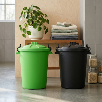 [2er Set] 50L Kunststoff Mülleimer Schwerlast Verschluss Deckel Garten Schwarz + Limettengrün