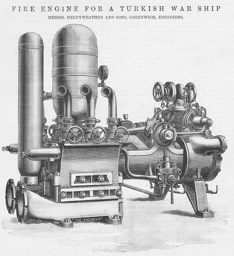 MERRYWEATHER & SONS Fire Engine for a Turkish War Ship Antique Print 1892