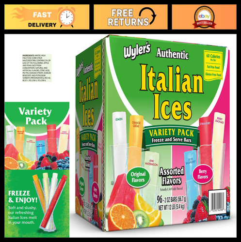 Fat Free Italian Ice Freezer Bars - Original Flavors, 2oz, 96 Count (5 Pack)