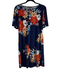 Alexandra and Oak Floral Blue Stretch Flounce Dress Size M Vacation Travel Easy