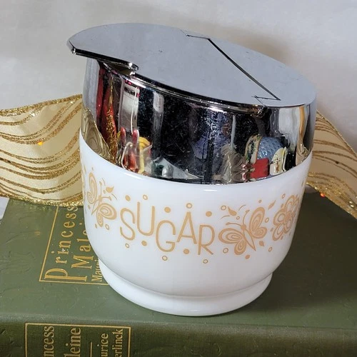 Vintage GEMCO Milk Glass Butterfly Gold Sugar Bowl Flip Lid  MCM