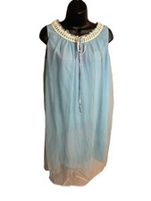 Vintage 70s Blue Chiffon Scalloped Ribbon Sleeveless Nightgown