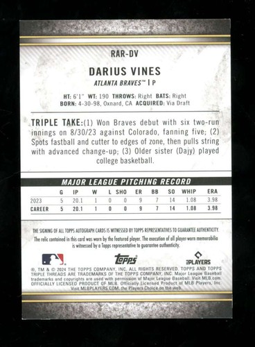 2024 Topps Triple Threads Darius Vines Rookie Autograph Relic /75 ES9397 - Picture 2 of 2