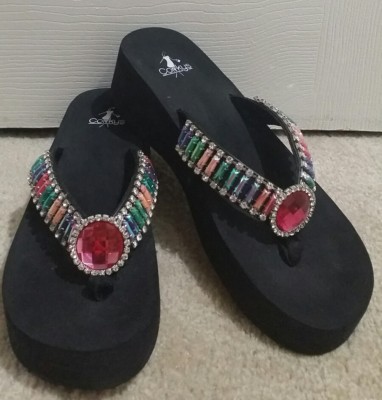 👀》🔥 Ladies Corky's Multicolor Rhinestone Gemstone Thong Flip Flop  Sandals》11M