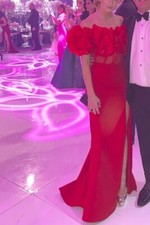 tarik ediz red off the shoulder corset cut out gown with slit