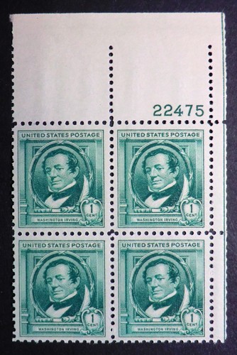 859 MNH 1940 1c Washington Irving PB Famous Authors Sleepy Hollow Rip Van Winkle