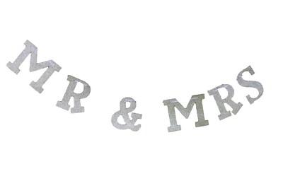 MR & MRS NON SHED SILBER GLITZERKARTE AUF 2,5 MTR BAND BRAUT HOCHZEIT PARTY
